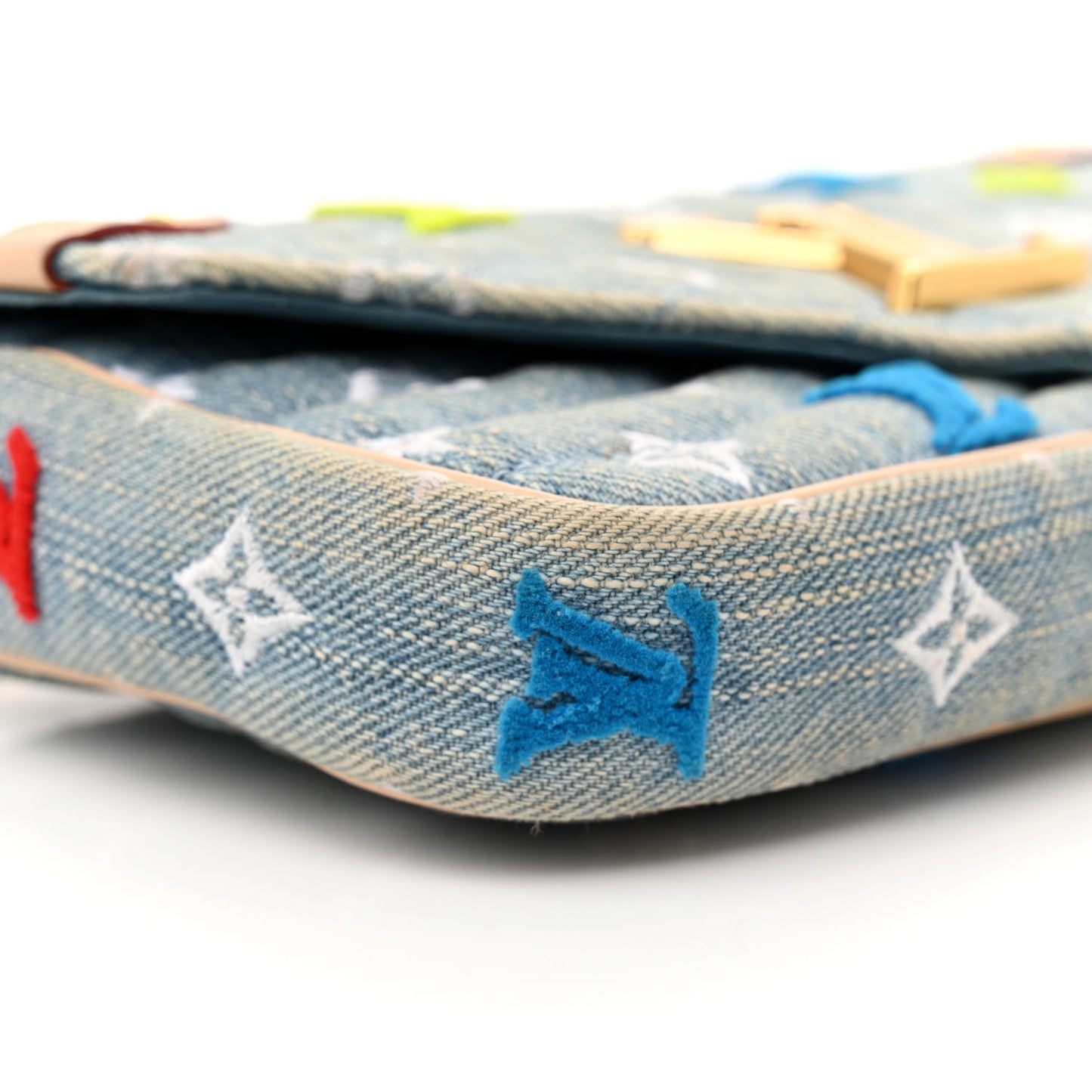 Embroidered Monogram Denim New Wave Chain Pochette Blue