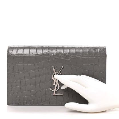 Saint Laurent Croc Embossed Calfskin Classic Kate Monogram Clutch Fog 2 of 7