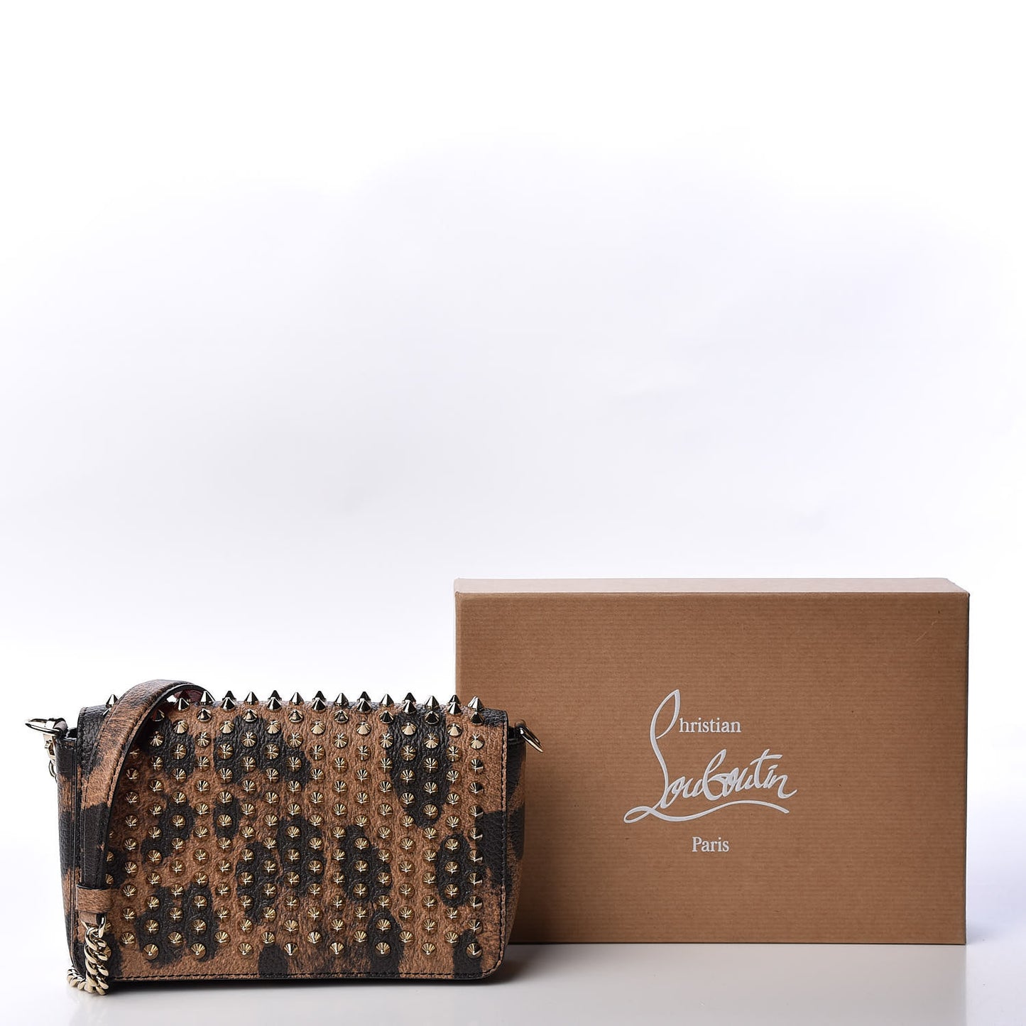 Calfskin Empire Leopard Spiked Zoompouch Crossbody Brown Gold