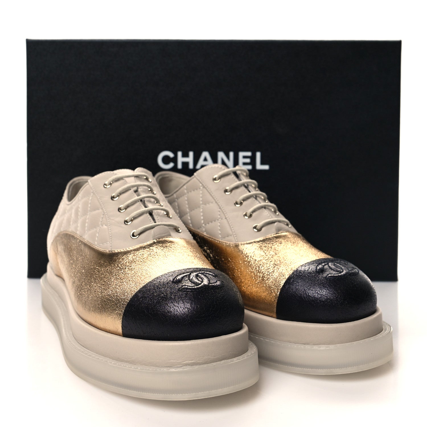 Chanel Metallic Lambskin Platform Sneakers 36 Beige Black Gold 8 of 8