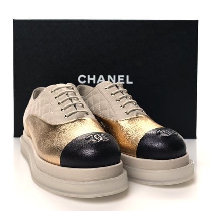 Chanel Metallic Lambskin Platform Sneakers 36 Beige Black Gold 8 of 8