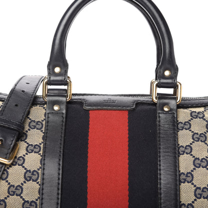 Gucci Monogram Selleria Calfskin Vintage Web Medium Boston Beige Blue 13 of 17