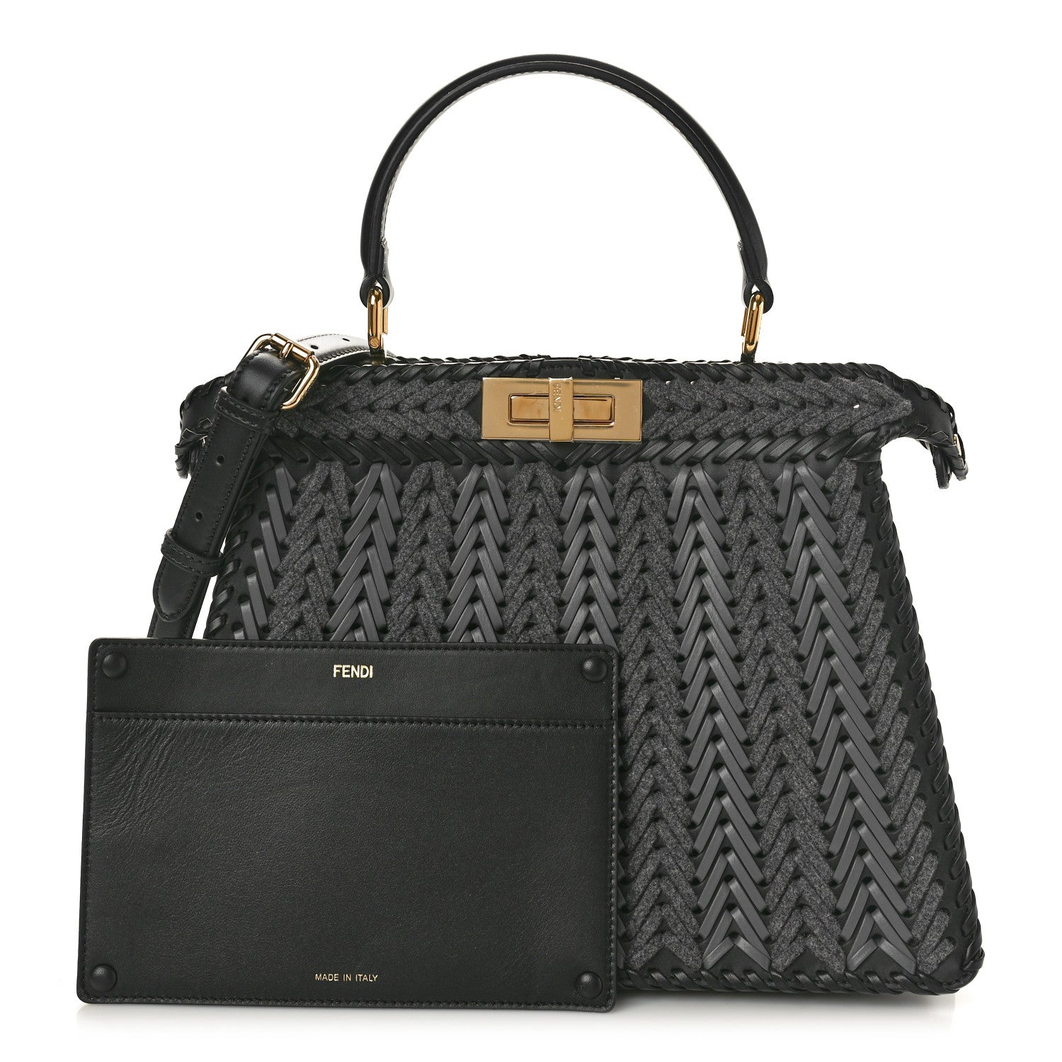 Fendi Vitello Shiny Nappa Woven Medium Peekaboo I SEE U Satchel Carbone Slate 3 of 10