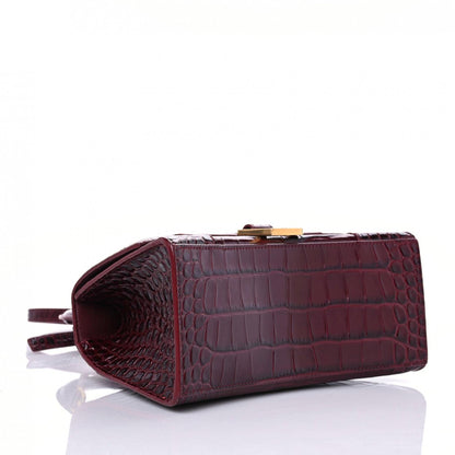 Balenciaga Shiny Calfskin Crocodile Embossed Small Hourglass Top Handle Bag Dark Red 4 of 13