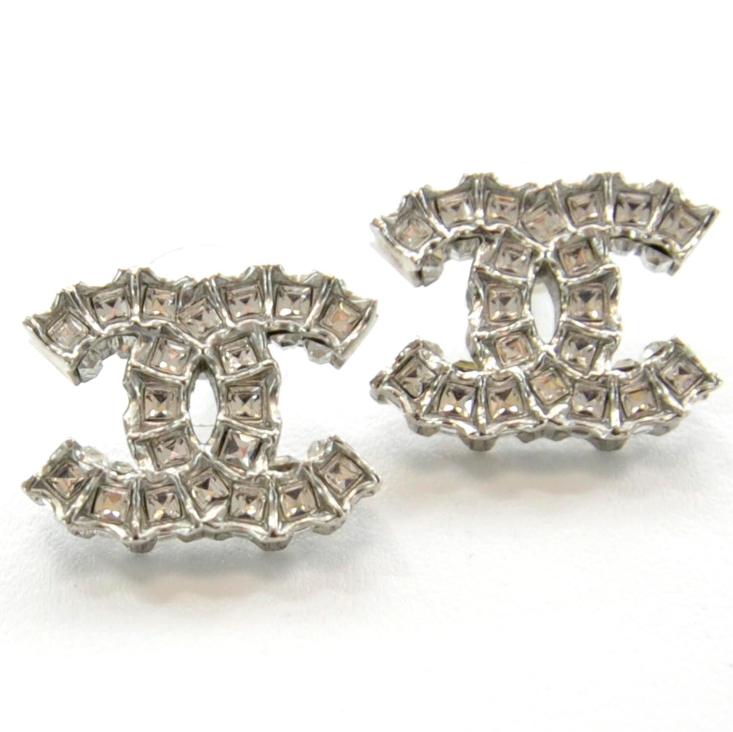 Chanel Baguette Crystal CC Earrings Silver 1 of 5