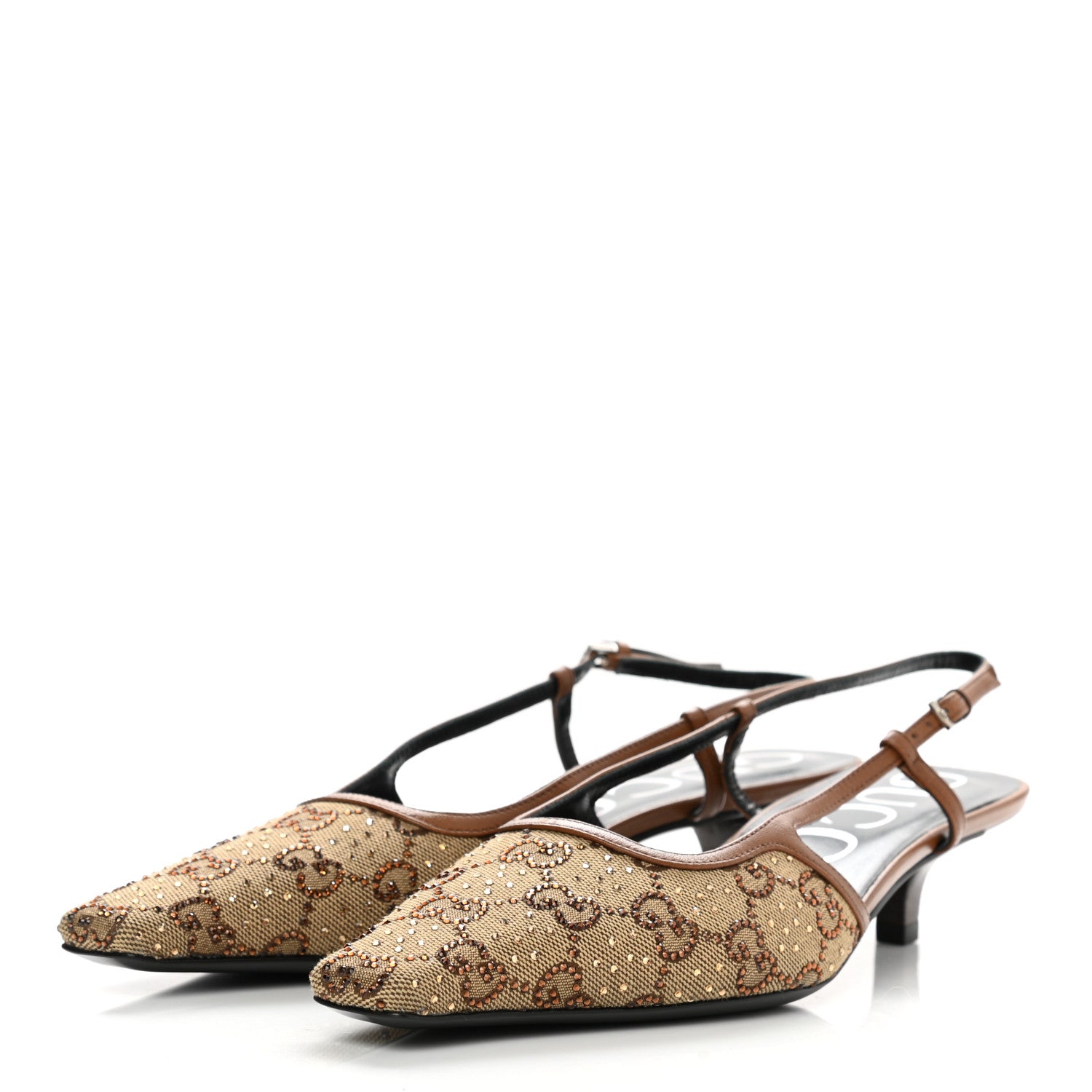 Gucci GG Monogram Malaga Kid Crystal Square G 35mm Slingback Pumps 38 Camel Ebony Cuir 3 of 7