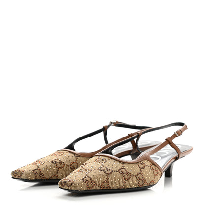 Gucci GG Monogram Malaga Kid Crystal Square G 35mm Slingback Pumps 38 Camel Ebony Cuir 3 of 7