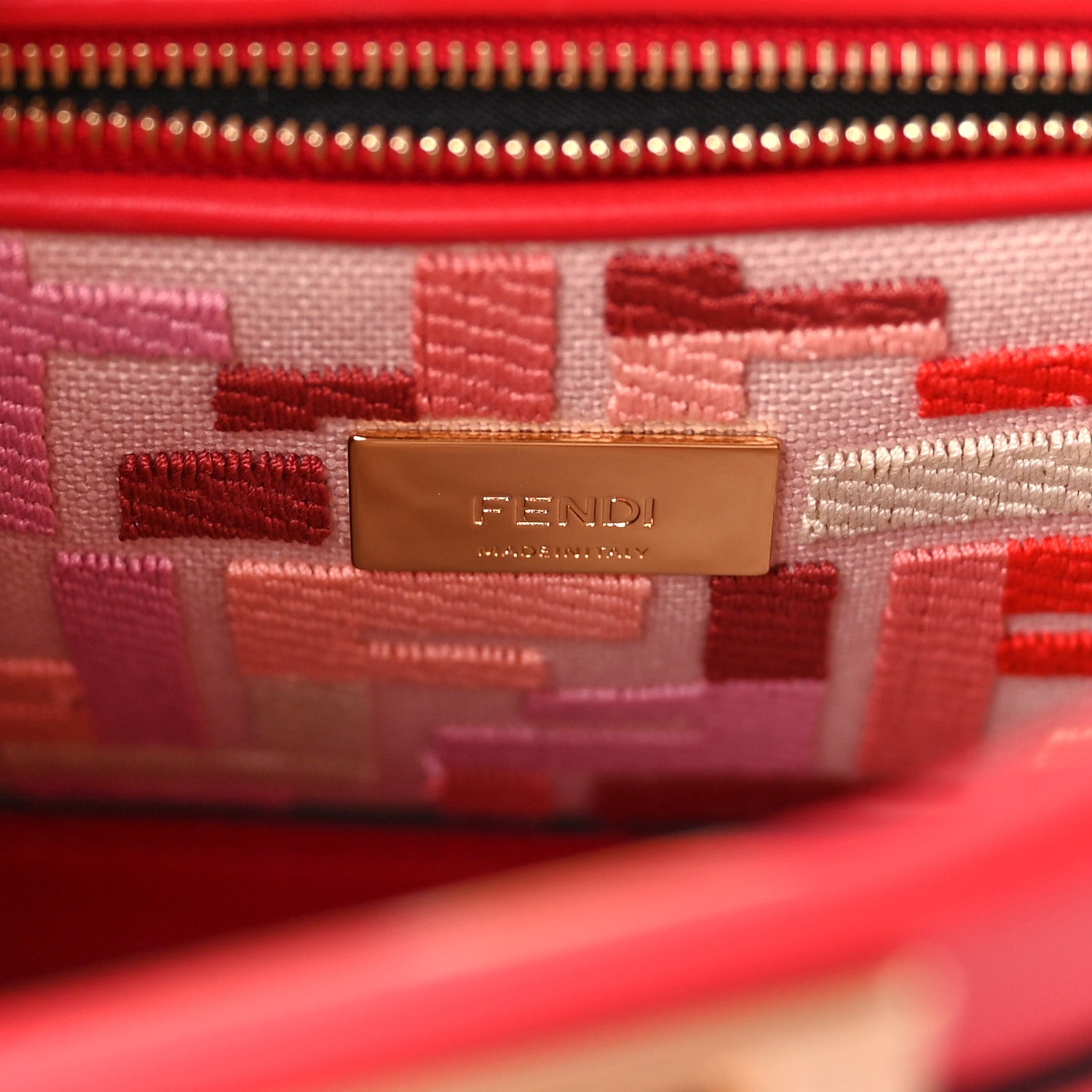 Fendi Vitello Seta Canvas FF Embroidered Mini Peekaboo Iconic Satchel Rosso Cardinale Multicolor 7 of 9