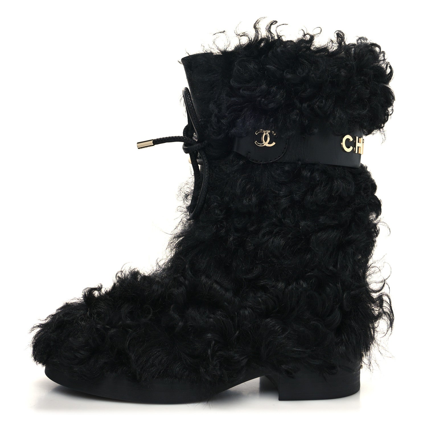 Chanel Shearling Sheepskin High Boots 38.5 Black 1 of 8