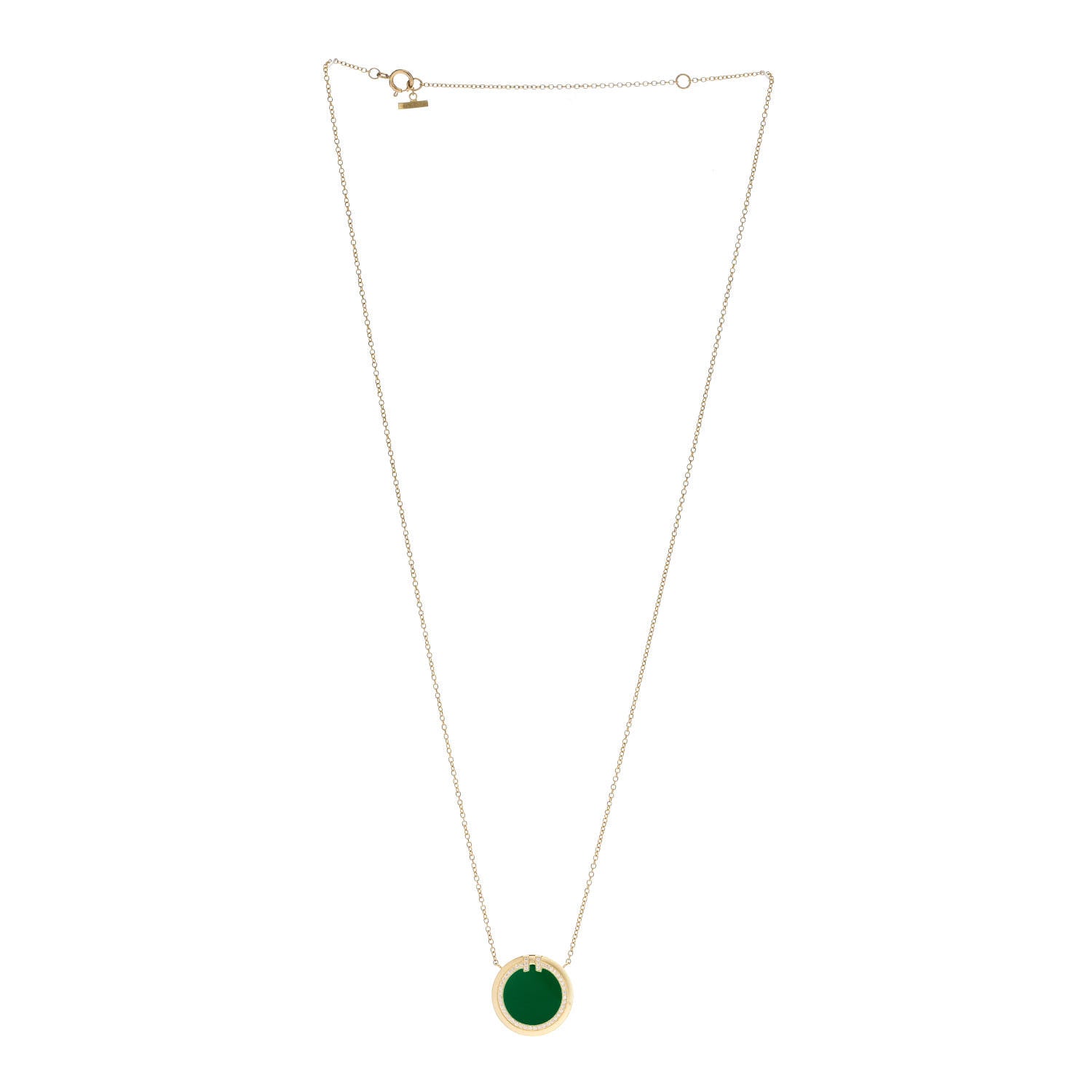 Tiffany 18K Yellow Gold Diamond Green Agate T Circle Pendant Necklace 3 of 5
