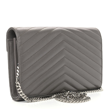 Saint Laurent Grain De Poudre Matelasse Chevron Monogram Chain Wallet Grey 2 of 8