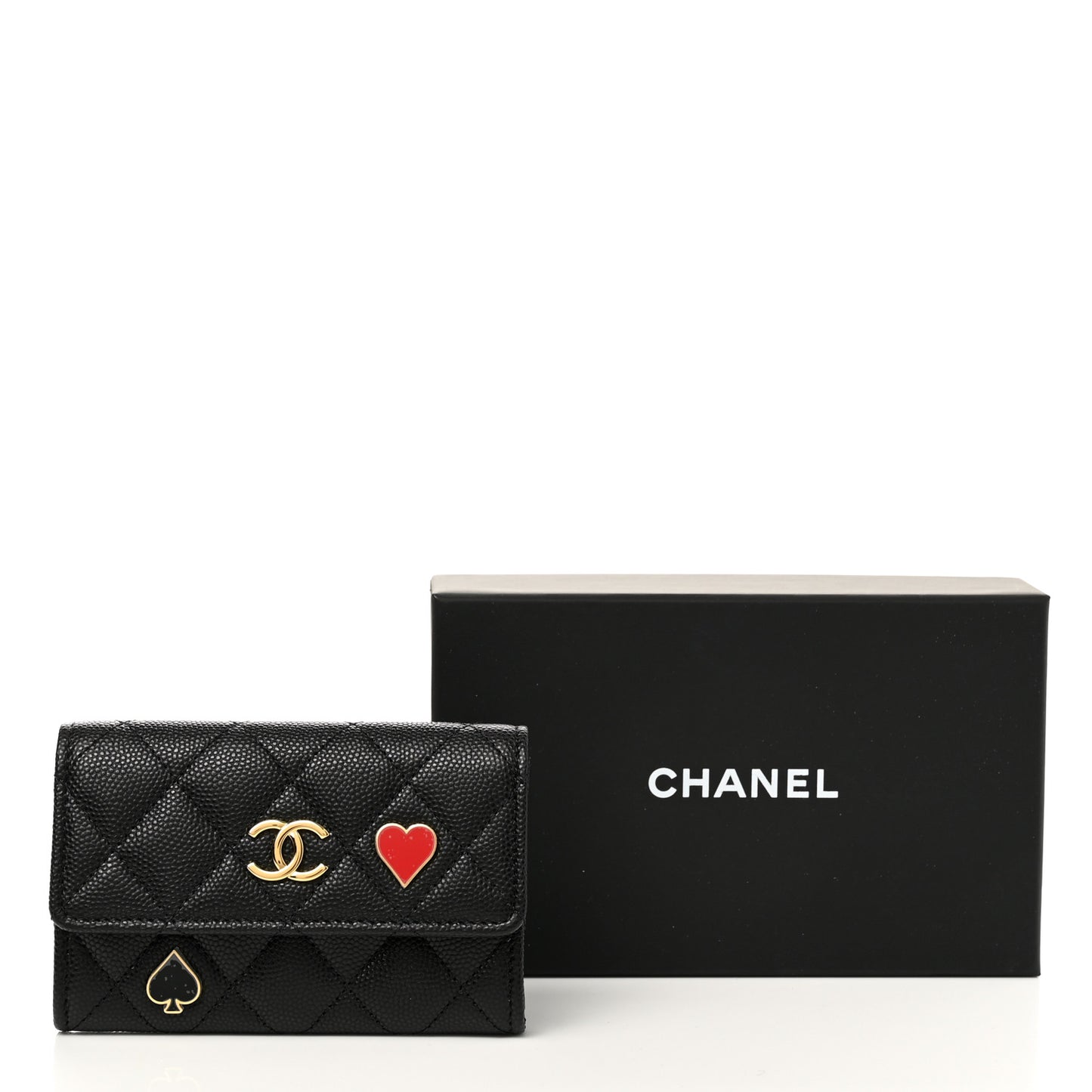 Caviar Quilted Enamel Coco Casino Flap Card Holder Wallet Black