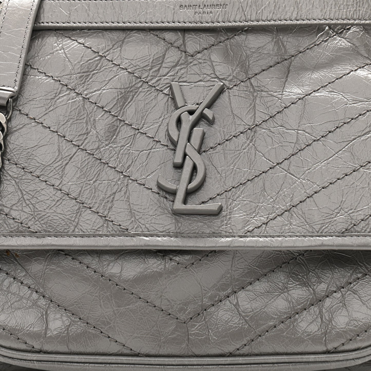Crinkled Calfskin Matelasse Monogram Medium Niki Chain Satchel Fog