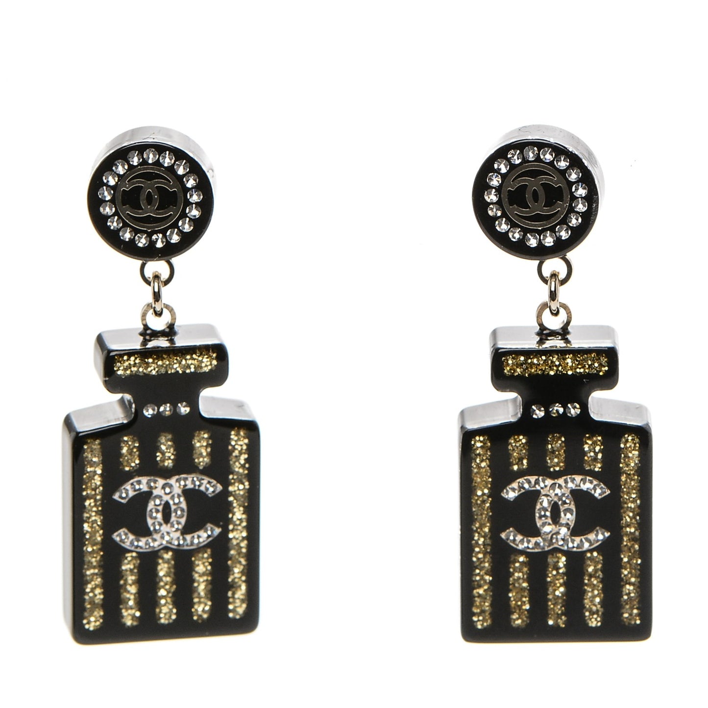 Resin Strass Perfume Bottle CC Earrings Black Gold