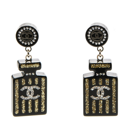 Chanel Resin Strass Perfume Bottle CC Earrings Black Gold 1 of 5