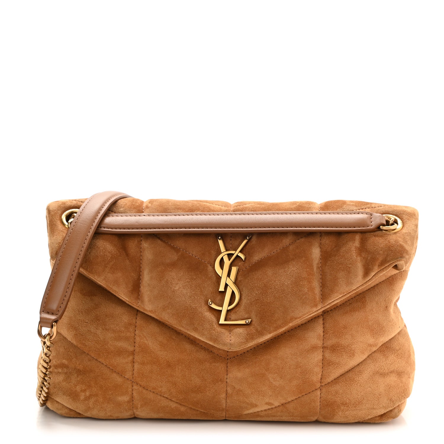 Saint Laurent Suede Calfskin Quilted Small Loulou Puffer Monogram Chain Satchel Cinnamon 1 of 8