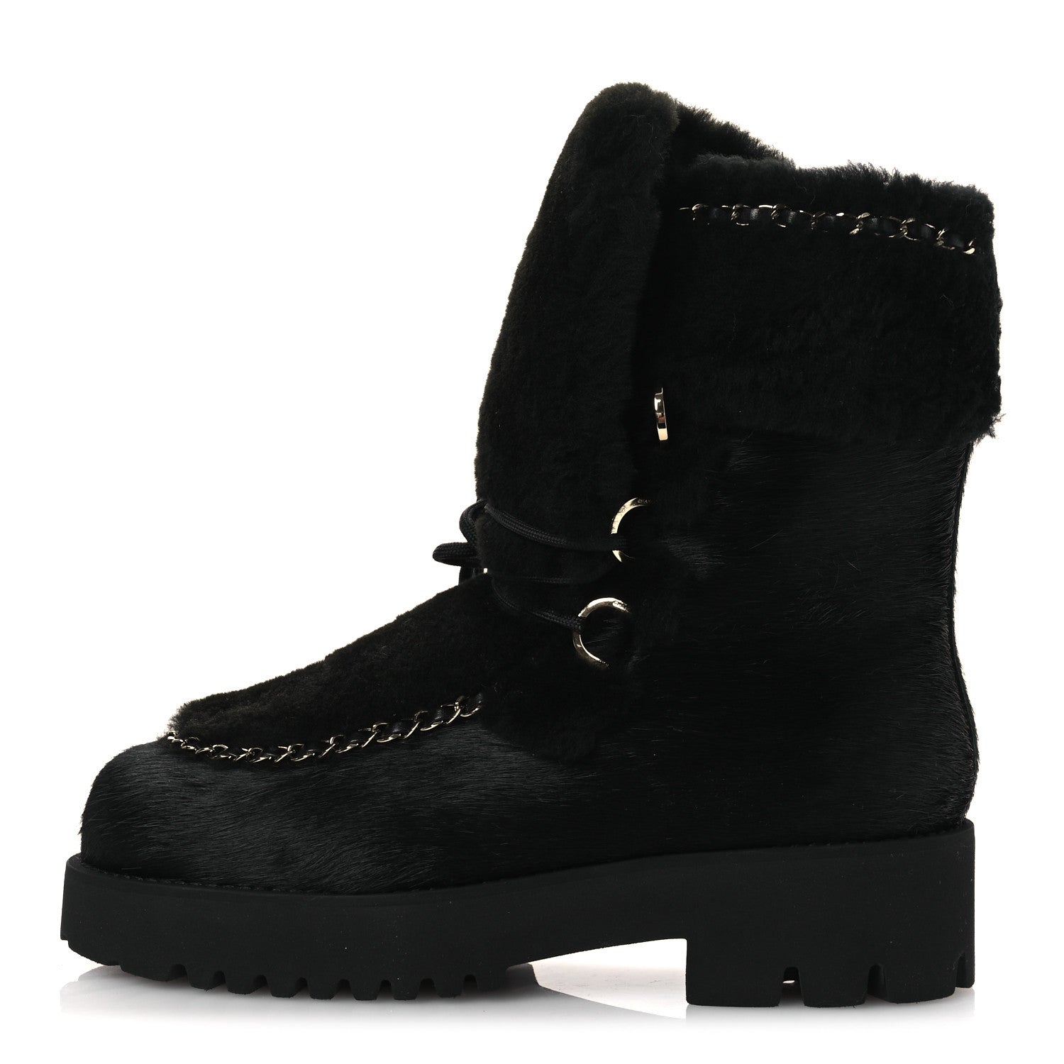 Chanel Pony Hair Shearling Chain Ankle Boots 40.5 Black 1 of 11