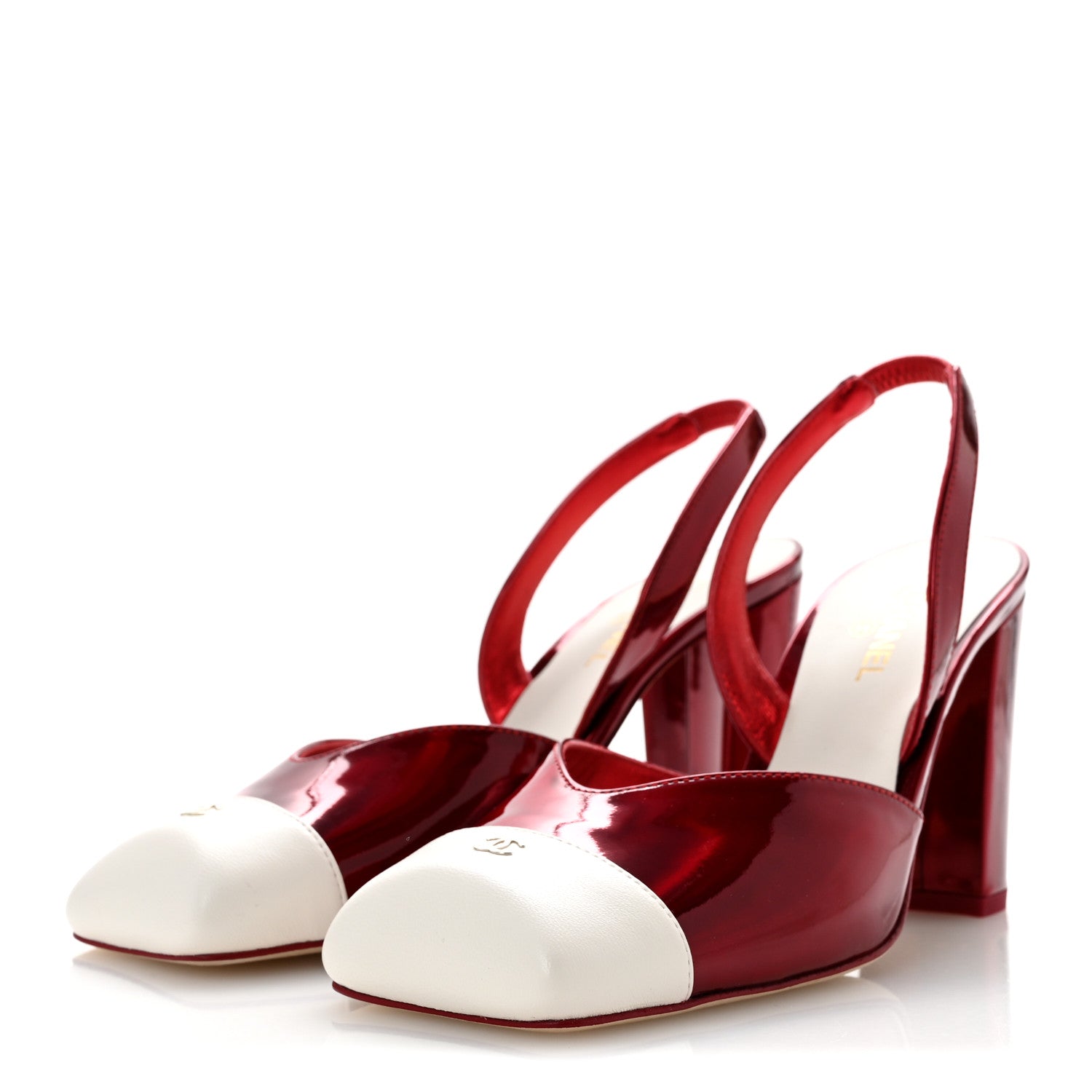 Chanel Lambskin Laminated Calfskin Cap Toe CC Slingback Pumps 37.5 Red Ivory 4 of 10