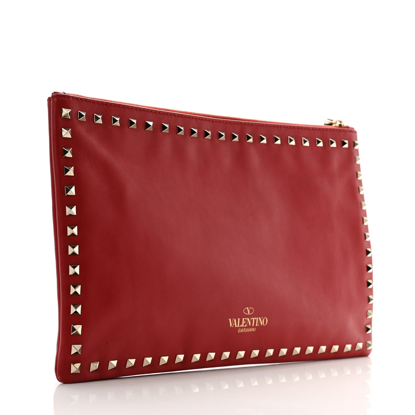 Vitello Large Rockstud Zip Wristlet Pouch Rosso Valentino