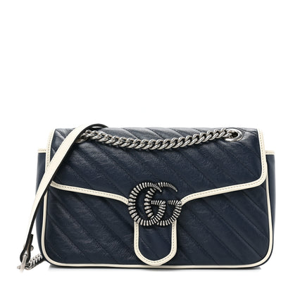 Gucci Vintage Effect Calfskin Matelasse Diagonal Small Torchon GG Marmont Shoulder Bag Blue Agata Mystic White 1 of 10