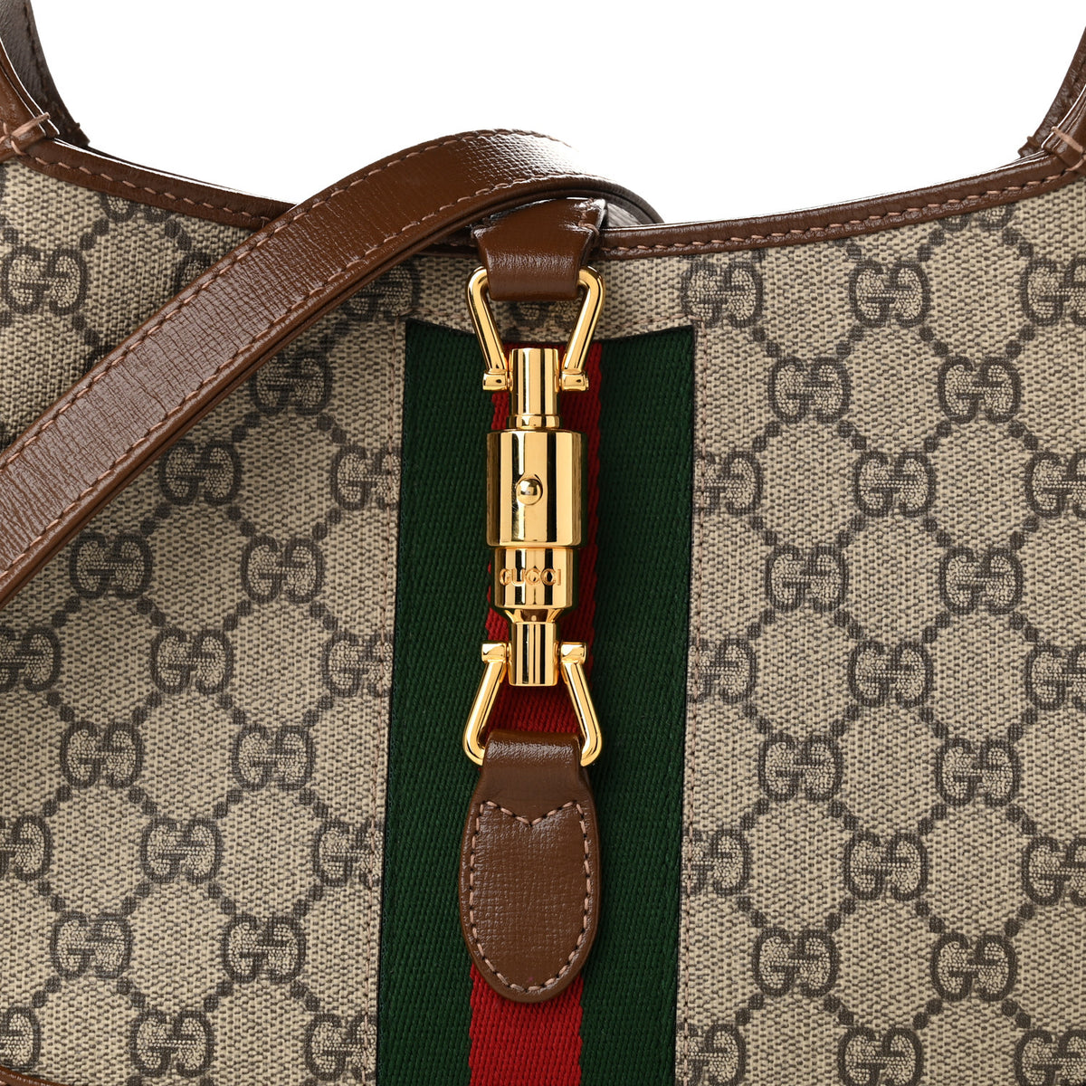 GG Supreme Monogram Azalea Calfskin Web Small Jackie 1961 Hobo Beige Ebony Brown Sugar