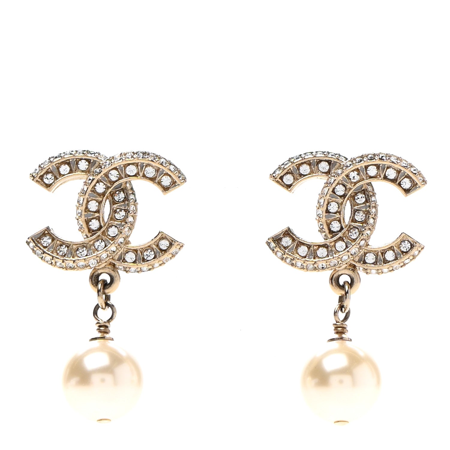 Chanel Crystal Pearl CC Drop Earrings Gold 1 of 4