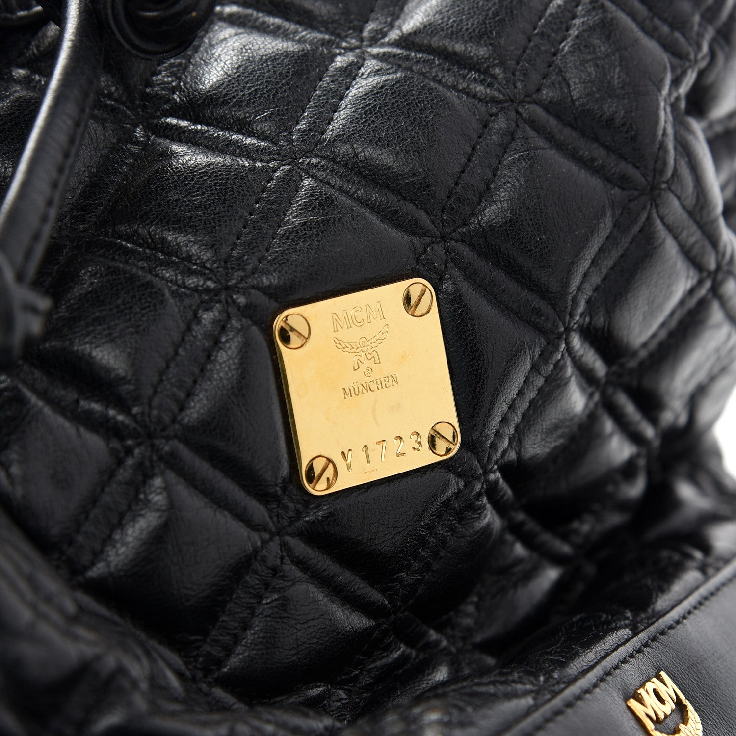 MCM Calfskin Quilted Studded Bucket Bag Black 7 of 9