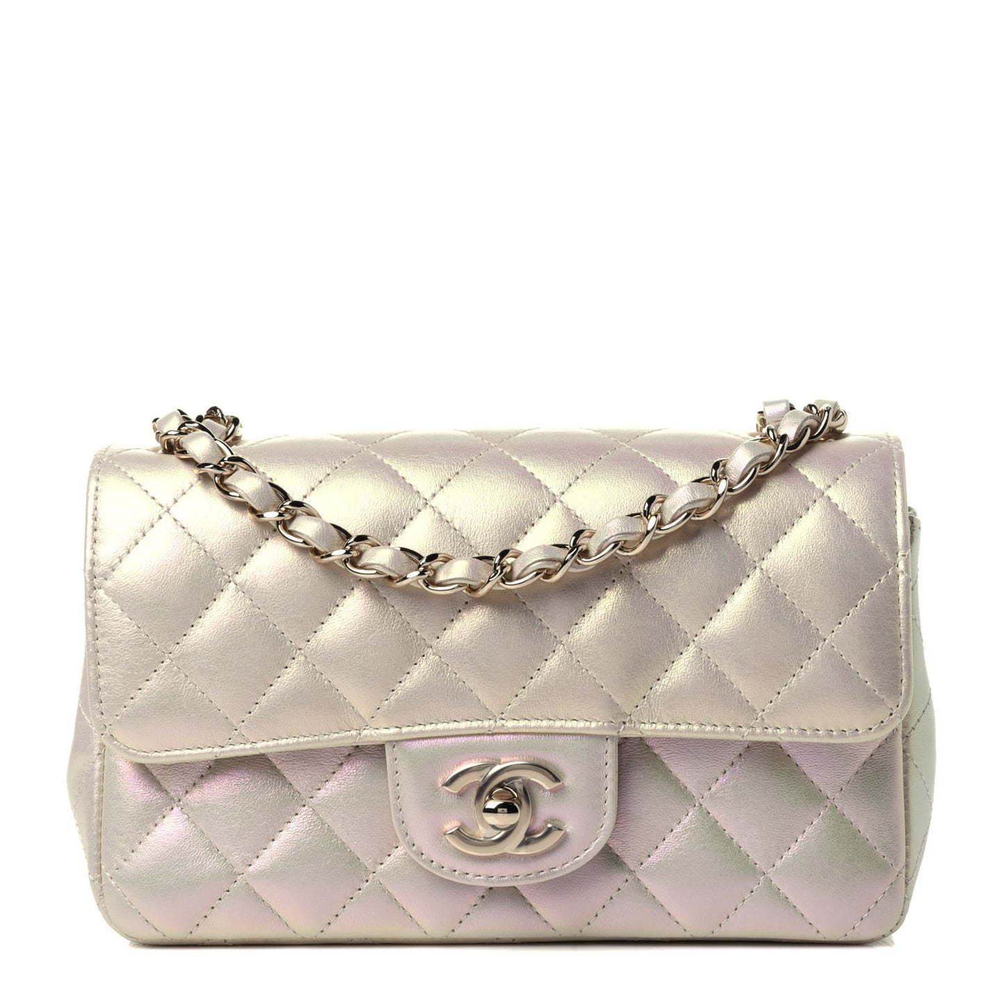 Iridescent Lambskin Quilted Mini Rectangular Flap Ivory