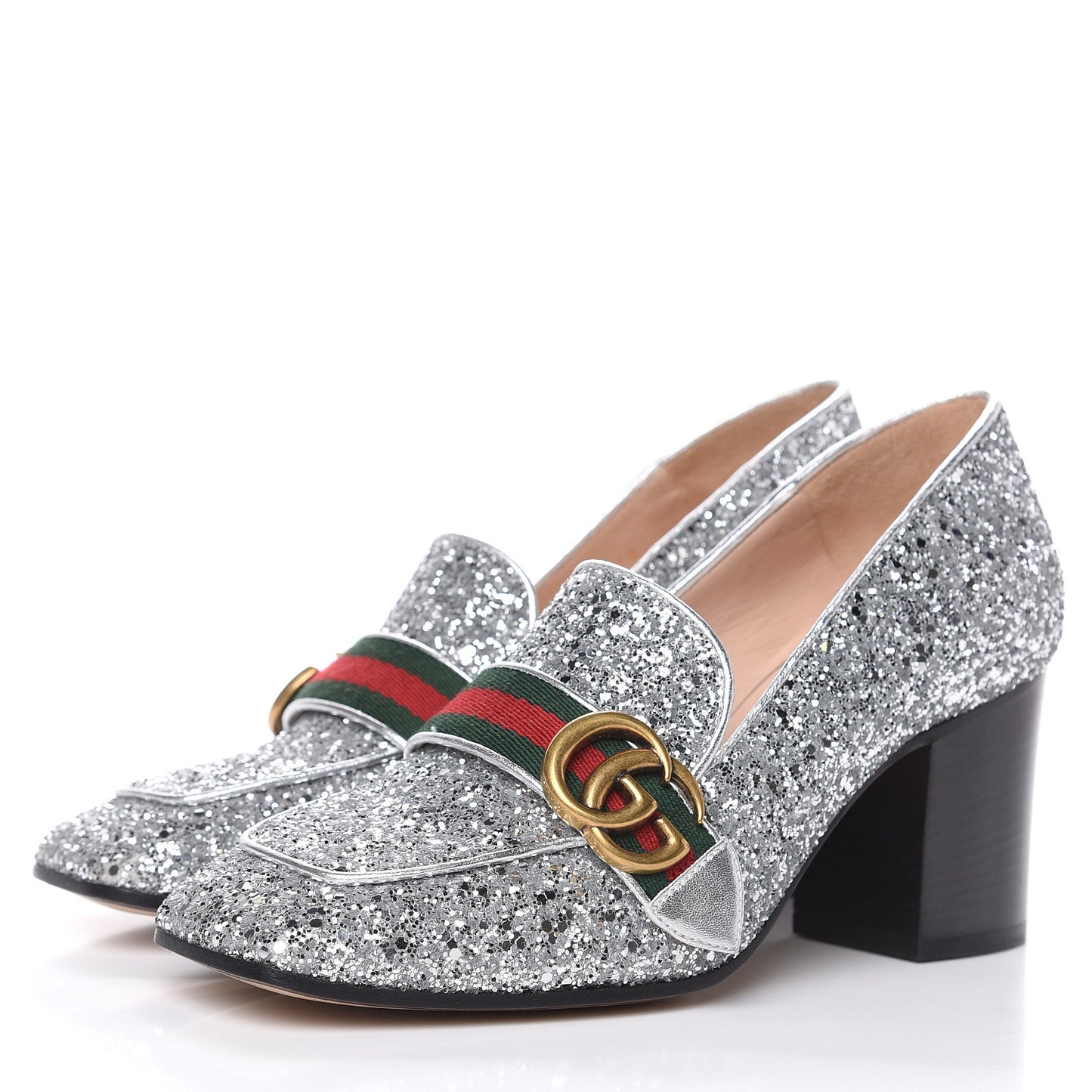 Glitter Nappa Web Peyton 75mm Loafer Pumps 38 Argento