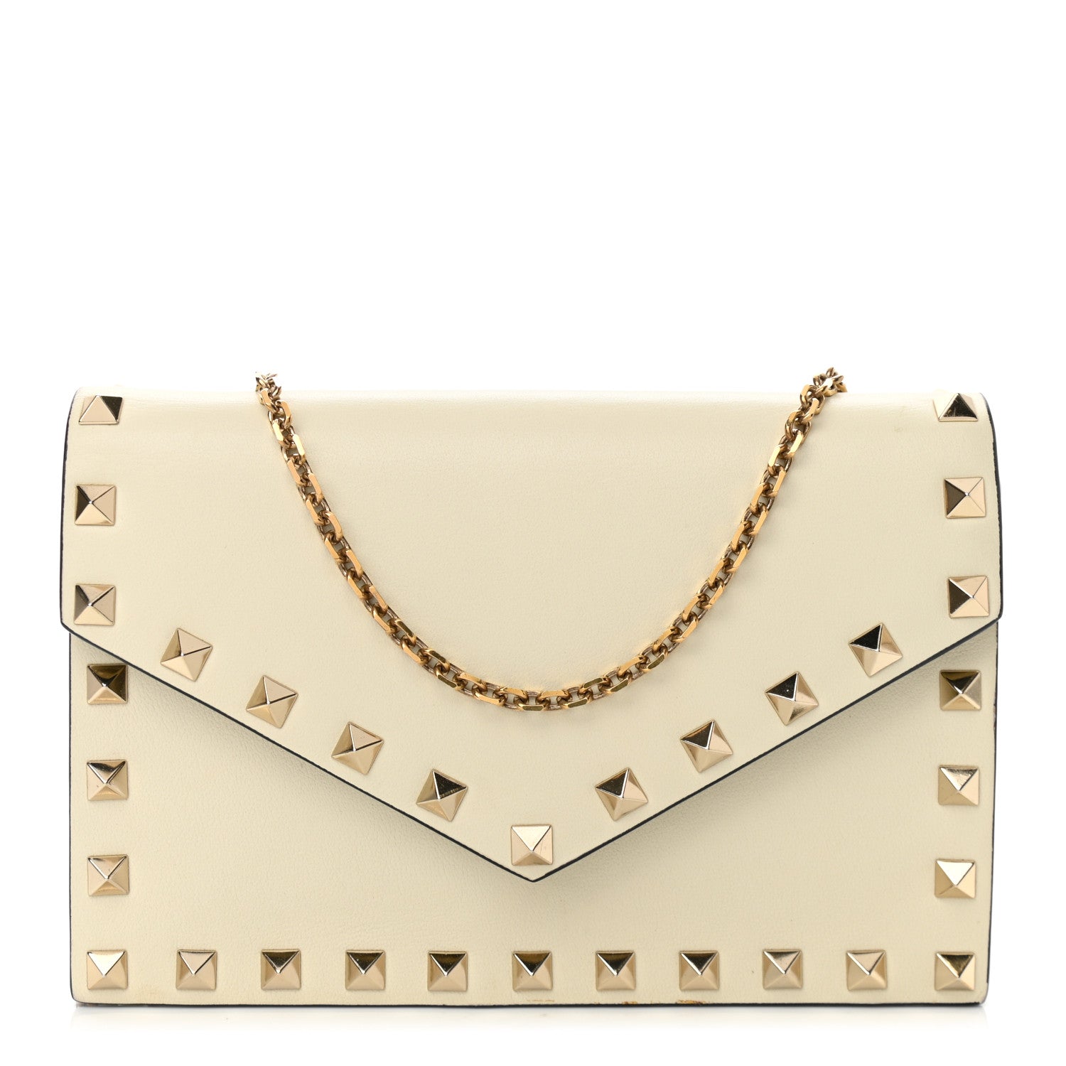 Valentino Garavani Vitello Rockstud Envelope Wallet on Chain Ivory 1 of 9