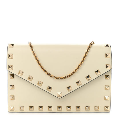 Valentino Garavani Vitello Rockstud Envelope Wallet on Chain Ivory 1 of 9