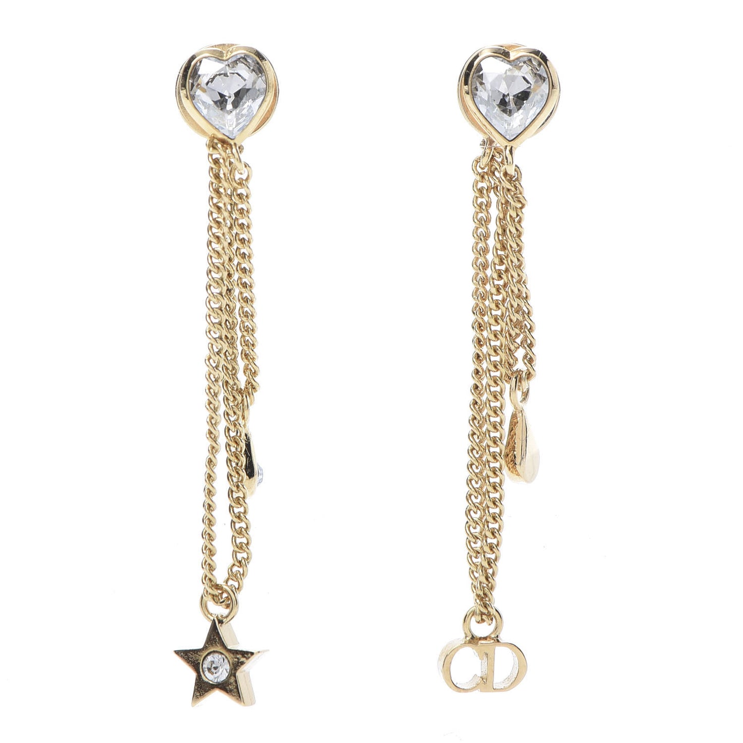 Crystal Heart Dangle Chain Earrings Gold