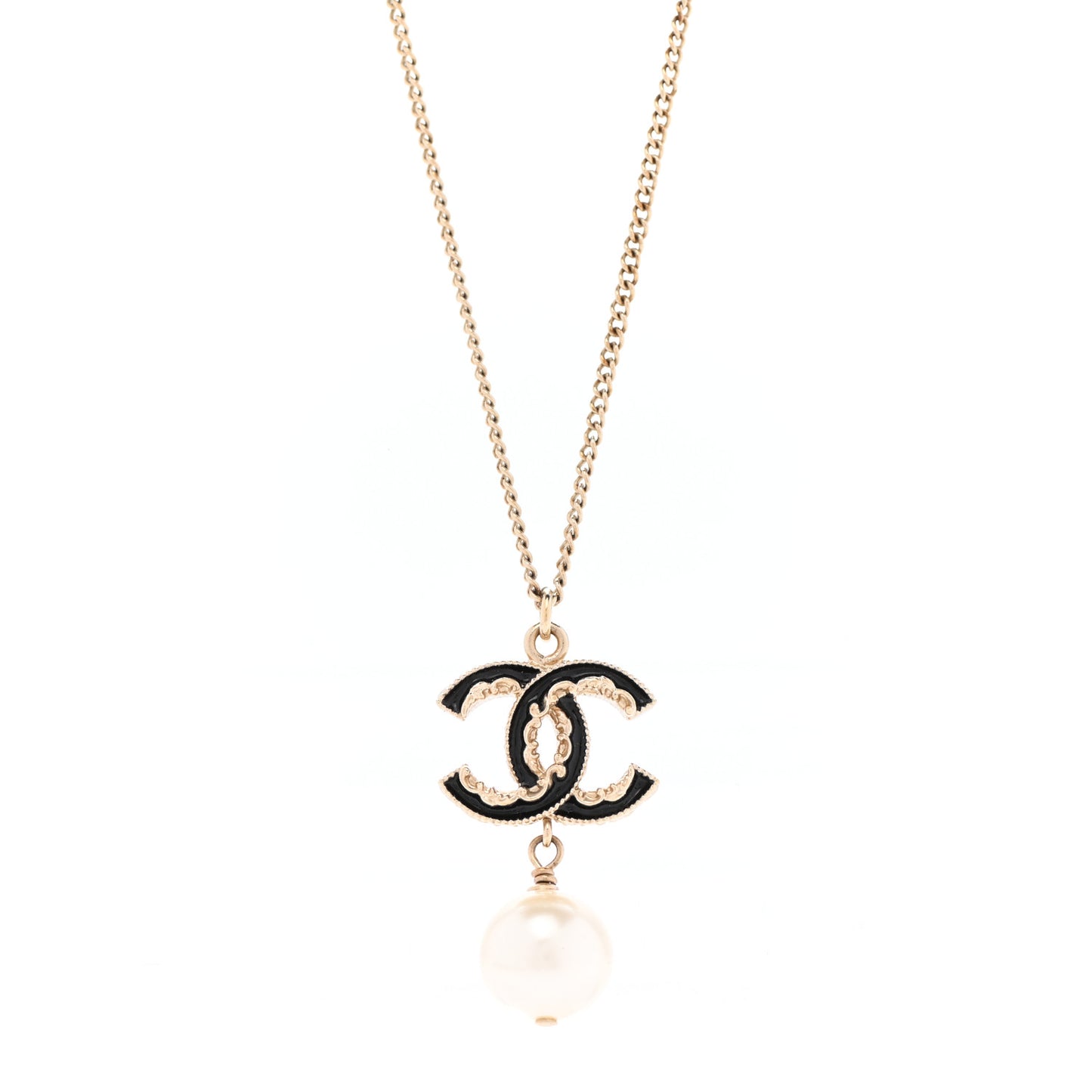 Enamel Pearl CC Baroque Drop Necklace Black Gold