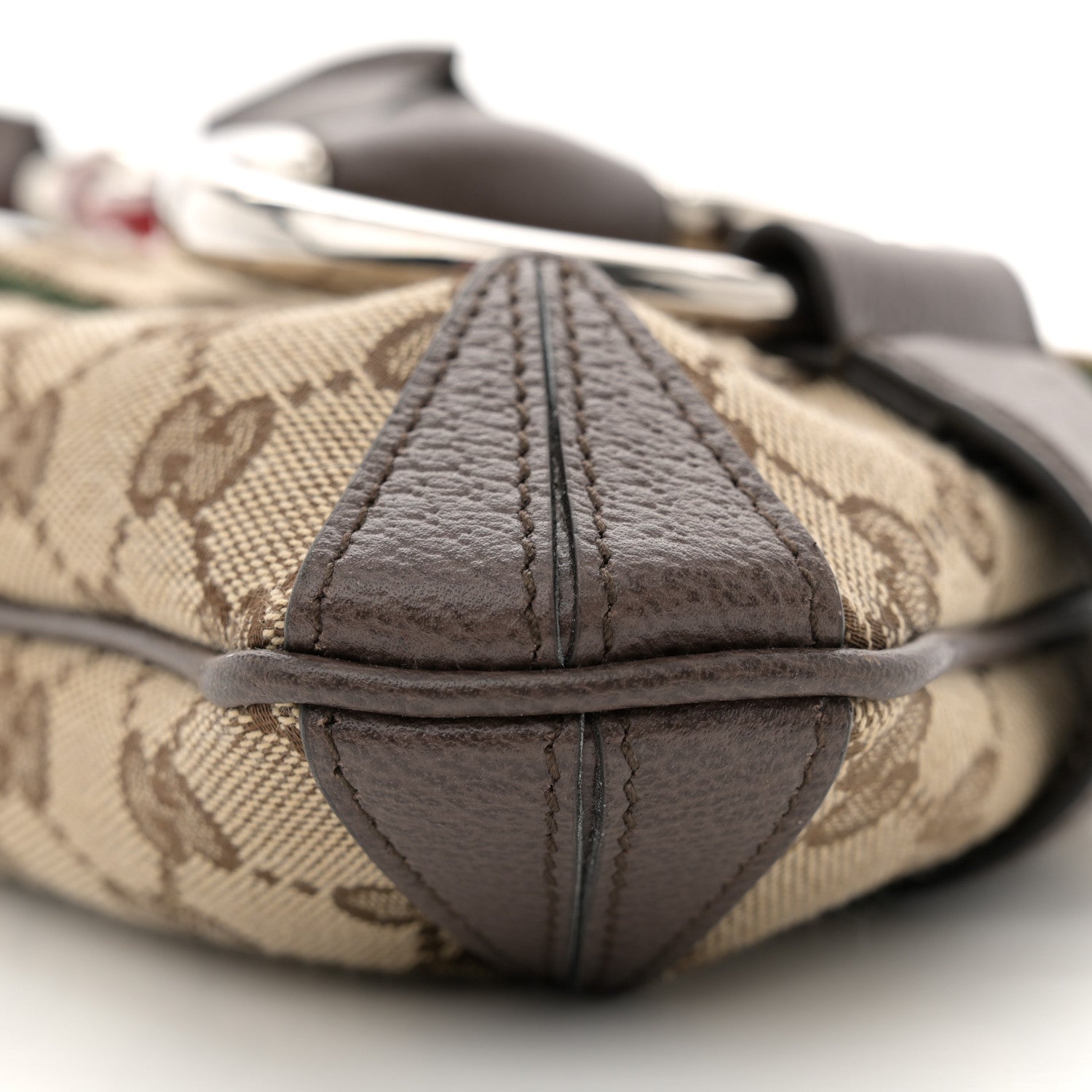Gucci Monogram Textured Dollar Calfskin Heavy Grosgrain Web Medium Maxi Horsebit Chain Shoulder Bag Beige Ebony New Acero 10 of 11