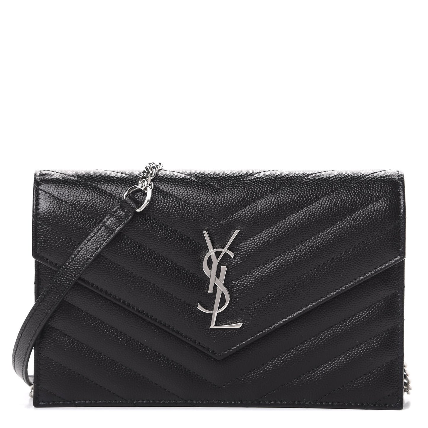 Grain De Poudre Matelasse Chevron Monogram Envelope Chain Wallet Black