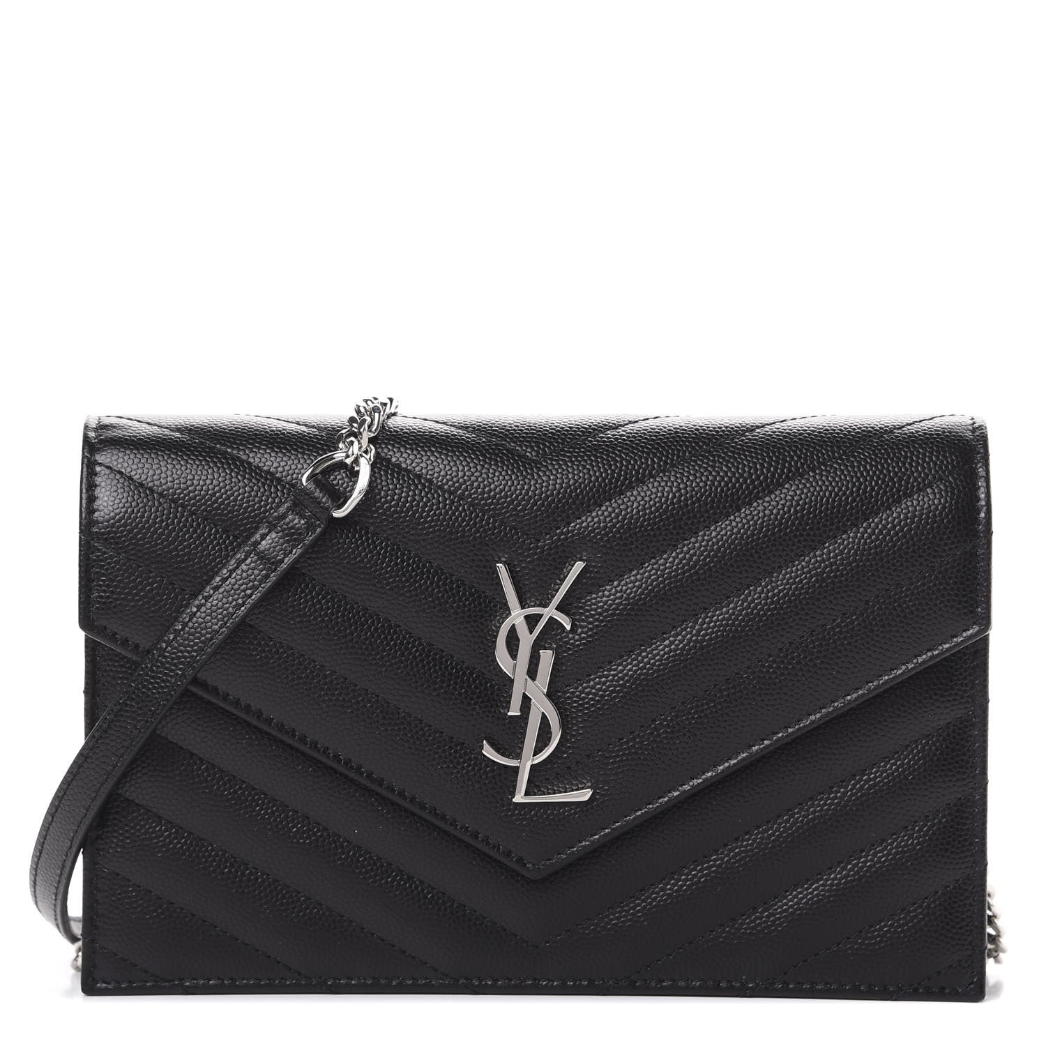 Saint Laurent Grain De Poudre Matelasse Chevron Monogram Envelope Chain Wallet Black 1 of 10