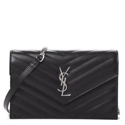 Saint Laurent Grain De Poudre Matelasse Chevron Monogram Envelope Chain Wallet Black 1 of 10