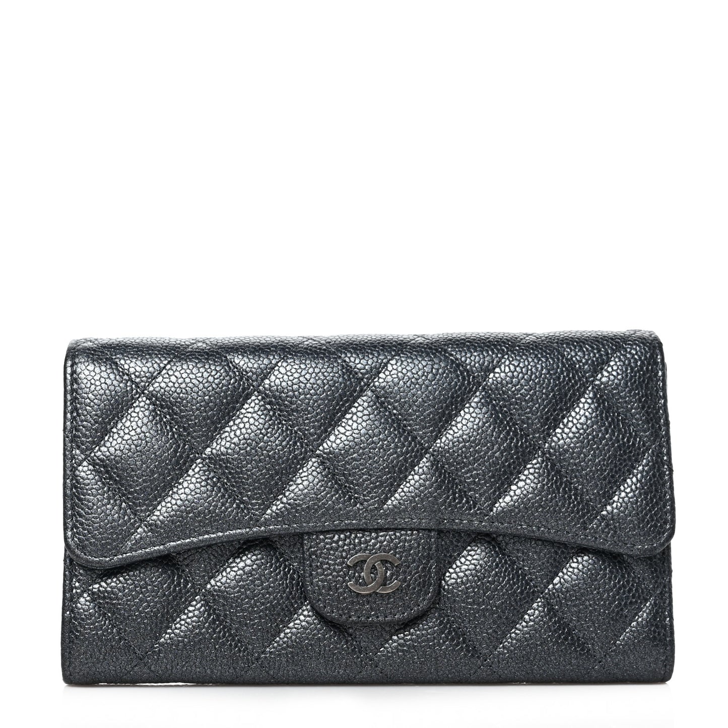 Iridescent Caviar Quilted Large Gusset Flap Wallet Black
