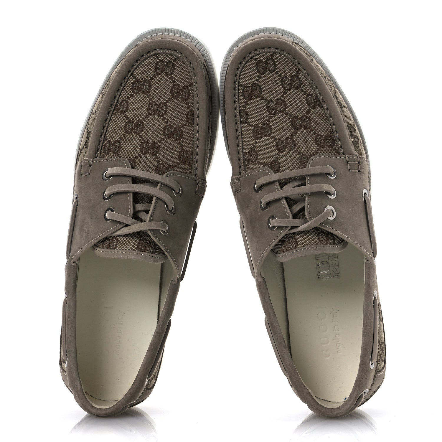 Gucci GG Supreme Monogram Canvas Nubuck Mens Lace Up Boat Shoes 9.5 Oatmeal Beige Ebony 2 of 13