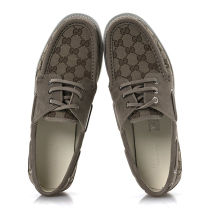 Gucci GG Supreme Monogram Canvas Nubuck Mens Lace Up Boat Shoes 9.5 Oatmeal Beige Ebony 2 of 13
