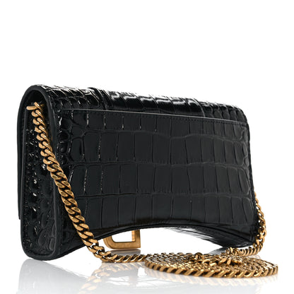 Balenciaga Shiny Calfskin Crocodile Embossed Hourglass Chain Bag Black 3 of 9