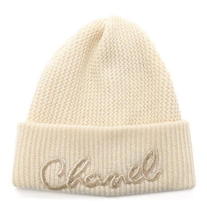 Chanel Cashmere Sequin Logo Beanie Hat Ivory Gold 1 of 6