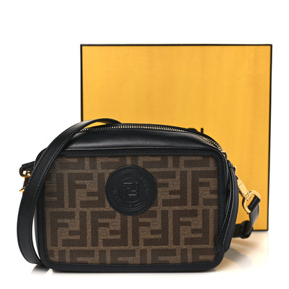 Fendi Glazed Fabric Vitello Century FF 1974 Stamp Patch Mini Camera Case Mogano Panna Black 10 of 10