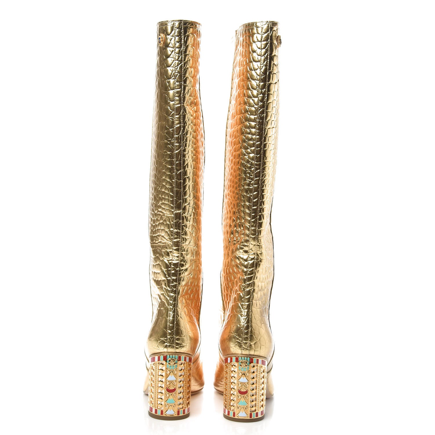 Chanel Calfskin Crocodile Embossed Cap Toe High Boots 37 Gold 5 of 9