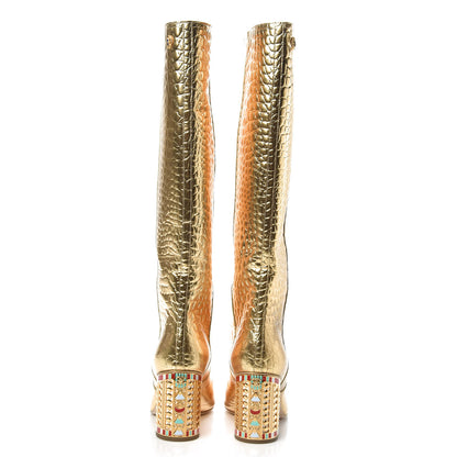 Chanel Calfskin Crocodile Embossed Cap Toe High Boots 37 Gold 5 of 9