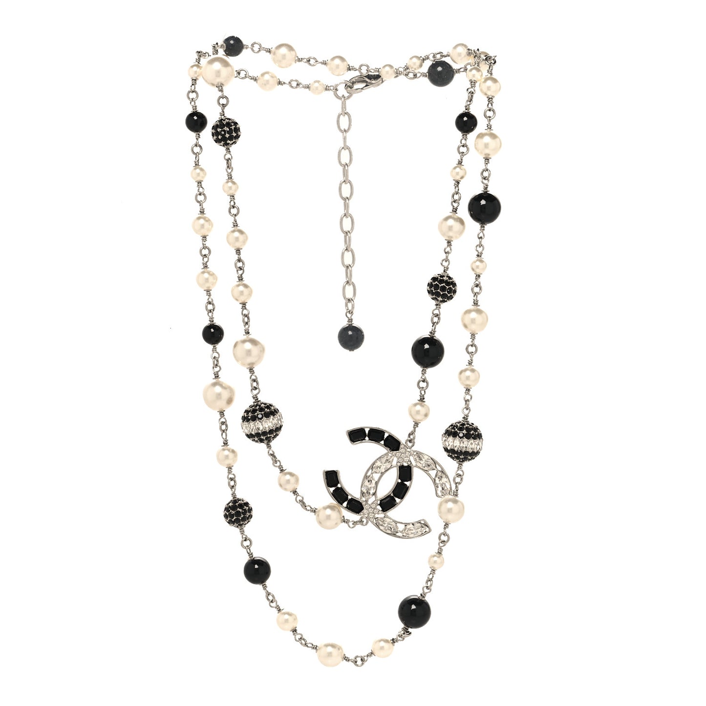 Marquise Crystal Pearl Bead CC Long Necklace Silver Black
