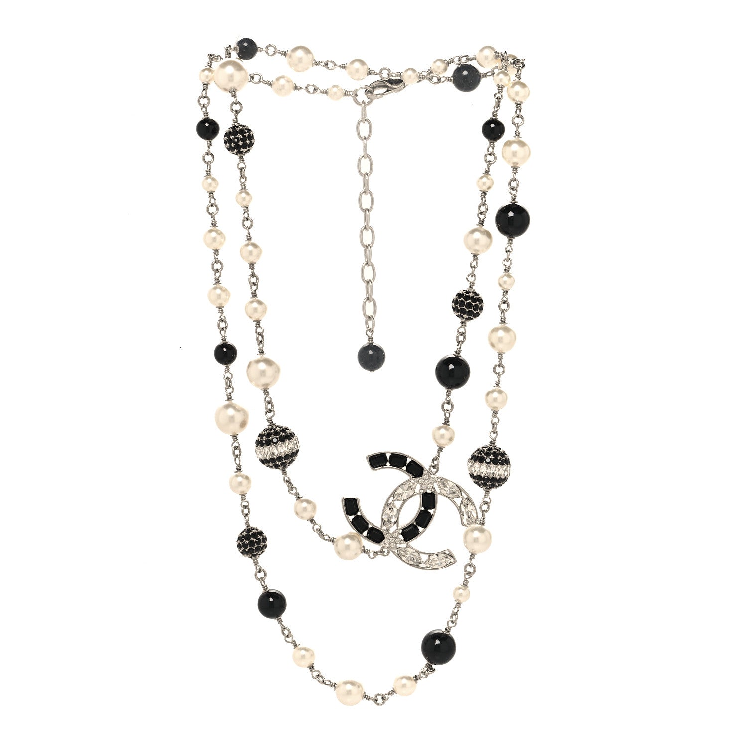 Chanel Marquise Crystal Pearl Bead CC Long Necklace Silver Black 3 of 5