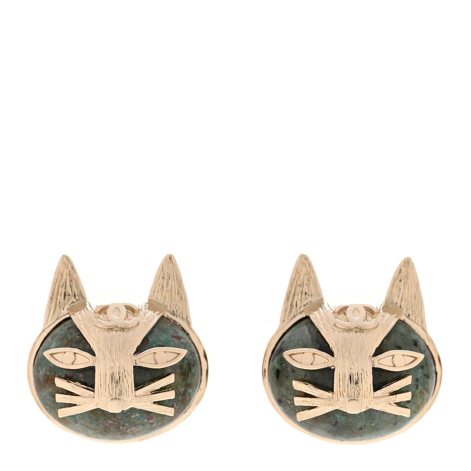 Chanel Metal Pyrite Cat Stud Earrings Green Gold 1 of 5