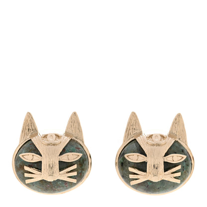 Chanel Metal Pyrite Cat Stud Earrings Green Gold 1 of 5