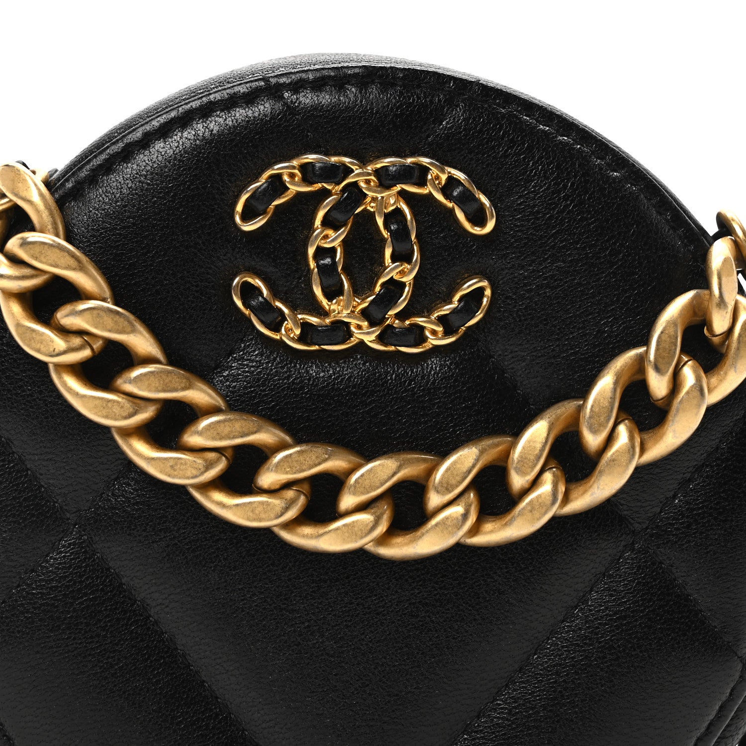 Chanel Shiny Goatskin Quilted Chanel 19 Round Clutch With Chain  Black 7 of 9